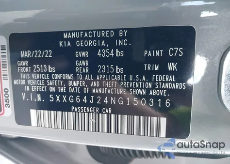 2022 Kia K5 Gt-Line from USA, damaged, VIN 5XXG64J24NG150316